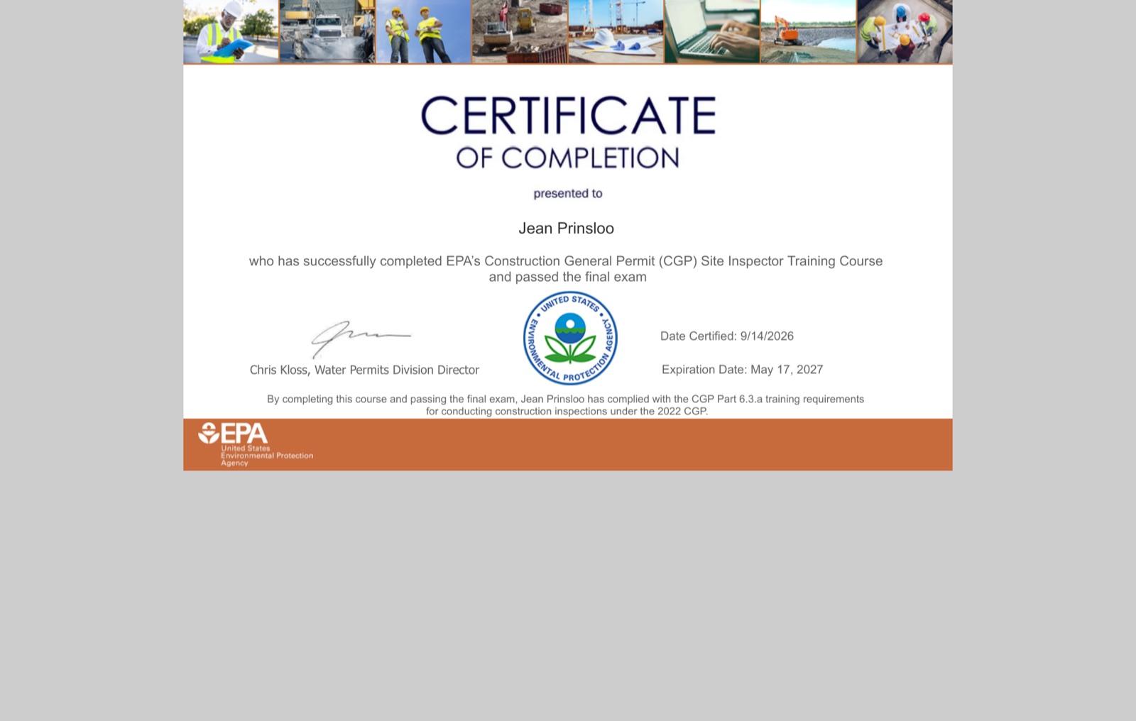 EPA Construction General Permit (CGP) Site Inspector issued to Jean Prinsloo