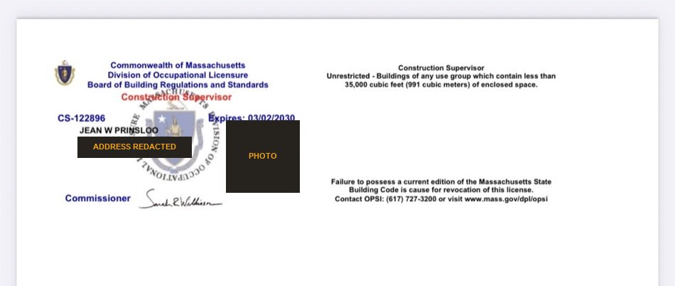 Massachusetts Construction Supervisor License issued to Jean W Prinsloo (personal details redacted)