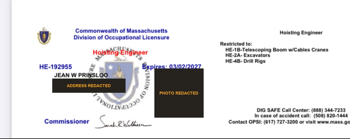 Massachusetts Hoisting Engineer License issued to Jean W Prinsloo (personal details redacted)
