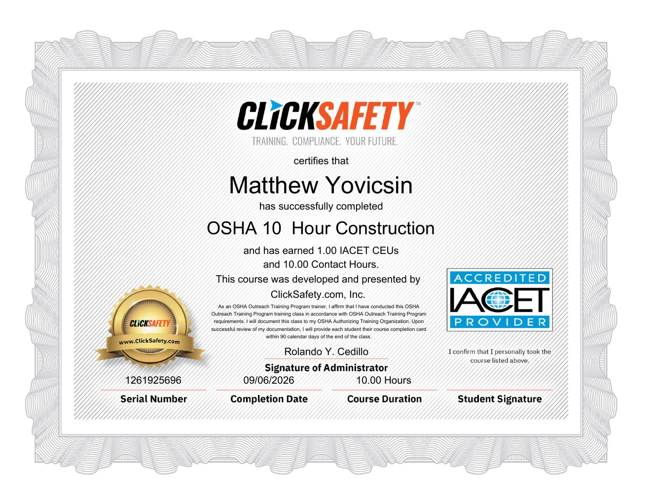OSHA 10-Hour Construction issued to Matthew Yovicsin